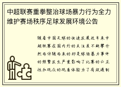 中超联赛重拳整治球场暴力行为全力维护赛场秩序足球发展环境公告