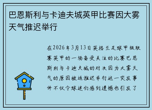 巴恩斯利与卡迪夫城英甲比赛因大雾天气推迟举行