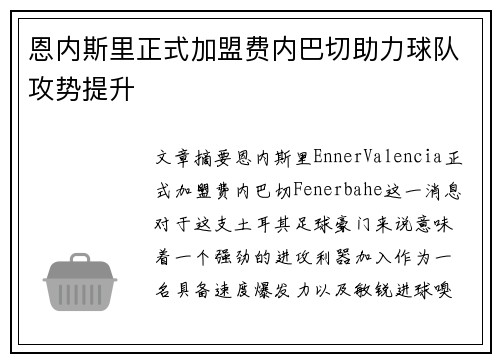 恩内斯里正式加盟费内巴切助力球队攻势提升 恩内斯里正式加盟费内巴切助力球队攻势提升